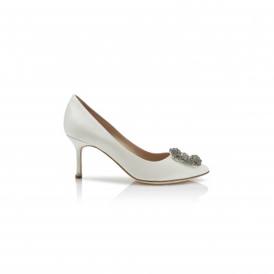 MANOLO BLAHNIK HANGISI 70 WHITE SATIN JEWEL BUCKLE PUMPS 9XX-0662-0039